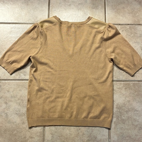 NEW Ellen Tracy Faux Leather Trim V-Neck Sweater in Sand - Picture 6 of 14